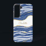 Blue Marble Agate Gold Glitter Personalised Samsung Galaxy Case<br><div class="desc">Indigo blue watercolor agate marble design with faux gold glitter detail.  Change the name to customise.</div>
