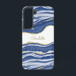 Blue Marble Agate Gold Glitter Personalised Samsung Galaxy Case<br><div class="desc">Indigo blue watercolor agate marble design with faux gold glitter detail.  Change the name to customise.</div>