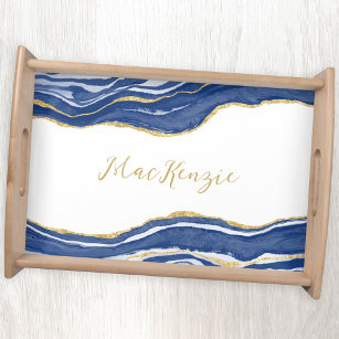 Blue Marble Agate Gold Glitter Personalised Serving Tray