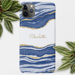 Blue Marble Agate Gold Glitter Personalized<br><div class="desc">Indigo blue watercolor agate marble design with faux gold glitter detail.  Change the name to customize.</div>