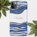 Blue Marble Agate Gold Glitter Personalized iPhone 15 Mini Case<br><div class="desc">Indigo blue watercolor agate marble design with faux gold glitter detail.  Change the name to customize.</div>