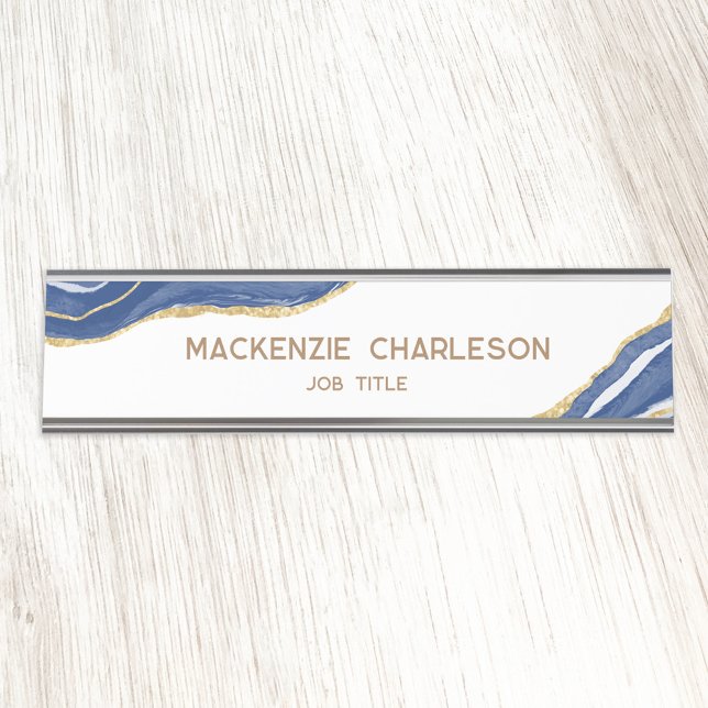 Blue Marble Agate Gold Glitter Professional Desk Name Plate (Blue and white gold effect agate marble watercolor professional name plate)