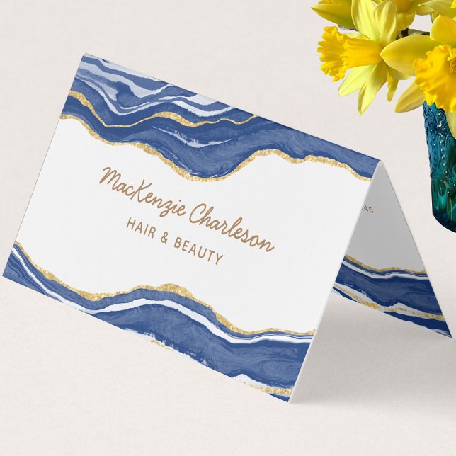 Blue Marble Agate Gold Glitter QR code Business Card (Navy indigo blue and white agate marble watercolor custom text QR code business card)