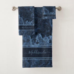 Blue Marble Agate Script Minimal Simple Chic Bath  Bath Towel Set