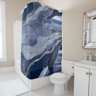 Blue Marble Agate Silver Glitter Glam #1 Shower Curtain