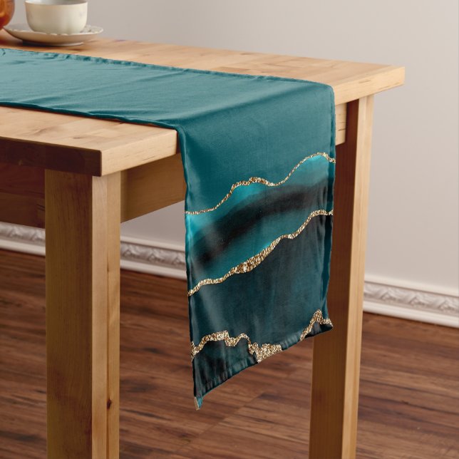 BLUE MARBLE AGATE SILVER GLITTER GLAM SHORT TABLE RUNNER (In Situ)