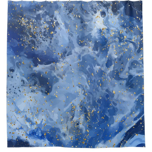 Blue marble and gold texture shower curtain (Front)