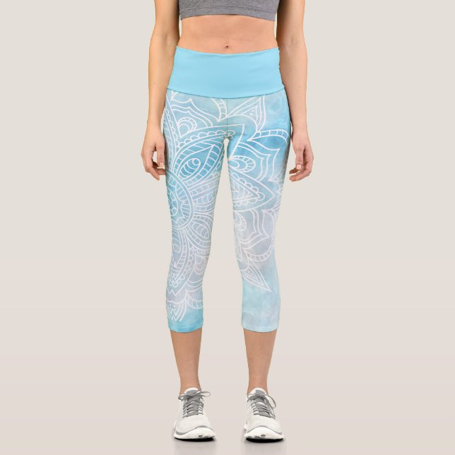 Blue Marble and White Mandala Yoga Capri  (Front)