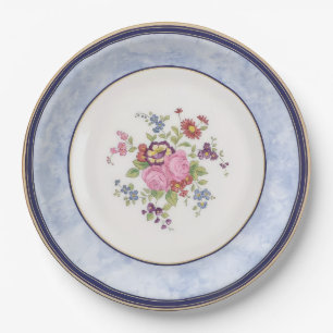 Blue Marble Border Pink Floral Garden Tea Party Paper Plate
