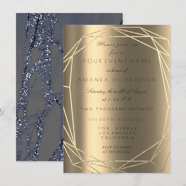 Blue Marble Bridal Birthday Diamond Frame Gold Invitation (Front/Back)