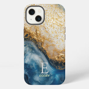 Blue marble chic gold glitter monogram iPhone 13 case