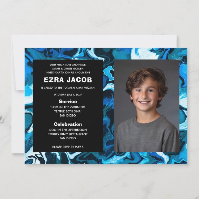 Blue Marble Custom PHOTO Bar Bat Mitzvah Invitation (Front)