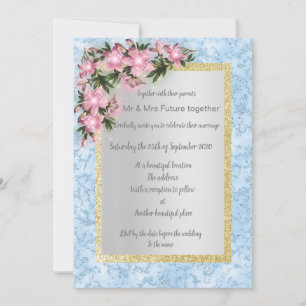 Blue marble floral wedding with pink floral gold invitation