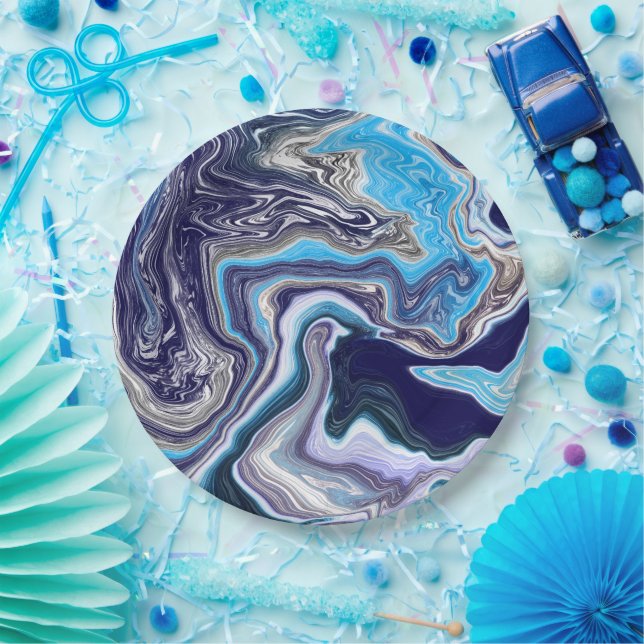 Blue Marble Fluid Art Birthday Paper Plate (Party)