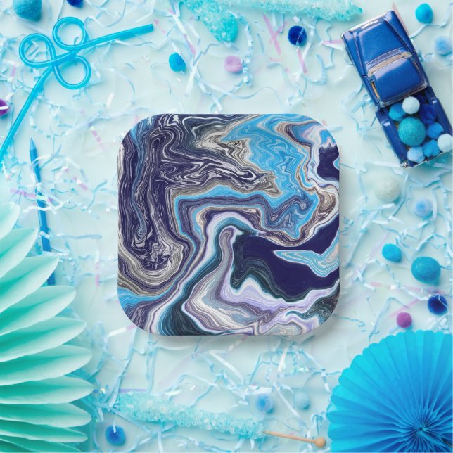 Blue Marble Fluid Art Birthday   Paper Plate (Party)