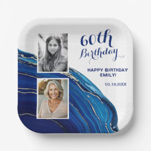 Blue Marble Glitter 2 Photo Birthday Party Paper Plate