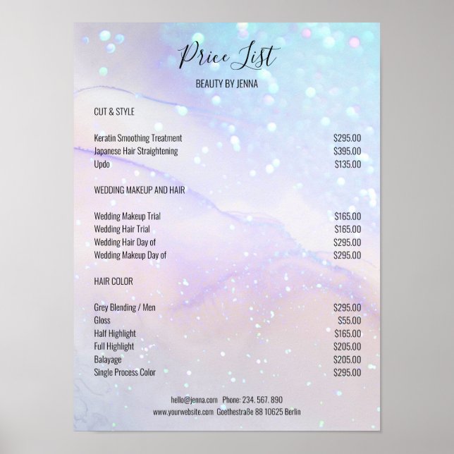 Blue Marble Glitter Salon Price Lists Poster (Front)