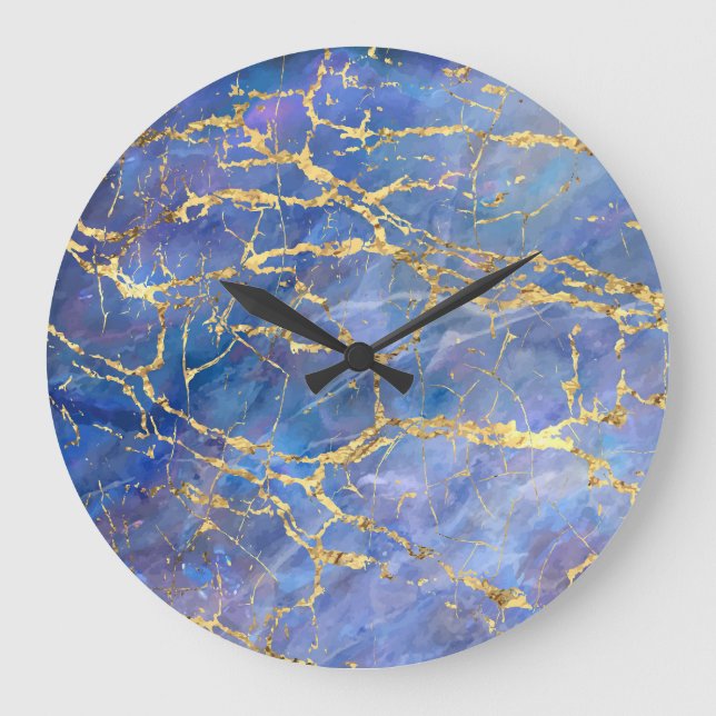 Blue Marble Gold Abstract Texture Large Clock (Front)