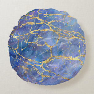 Blue Marble Gold Abstract Texture Round Cushion