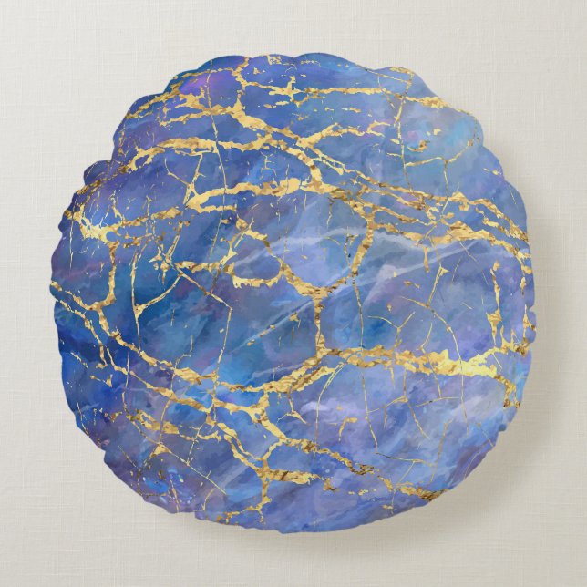 Blue Marble Gold Abstract Texture Round Cushion (Front)