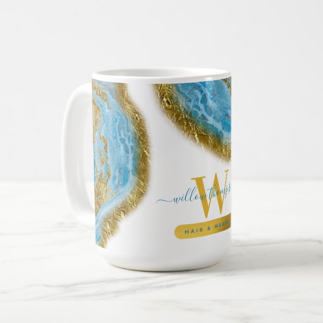 Blue Marble & Gold Foil Hair & Makeup Coffee Mug (Front Left)
