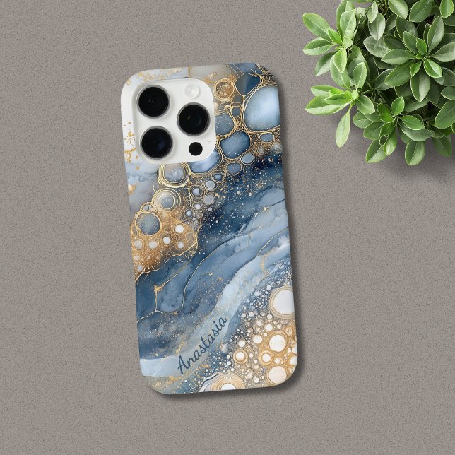 Blue Marble Gold Glitter Personalised Case-Mate iPhone Case (Exquisite Blue Marble with Gold Glitter Personalized iPhone Case with Script Calligraphy.)