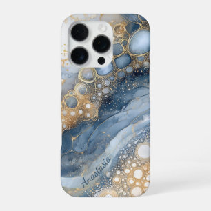 Blue Marble Gold Glitter Personalised iPhone 16 Pro Case