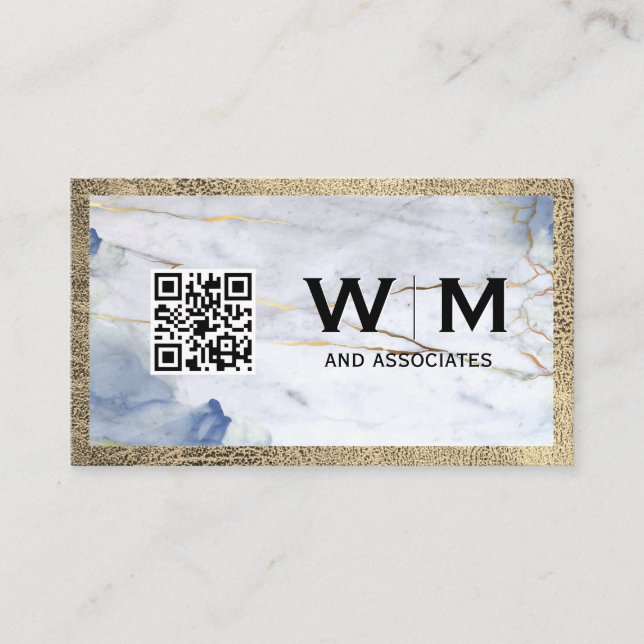 Blue Marble | Leather Trip | Monogram | QR Code Business Card (Front)