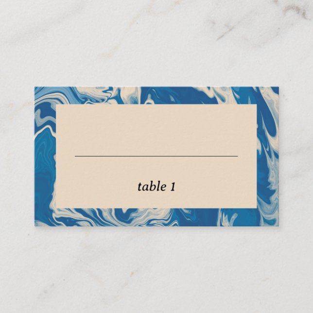 Blue Marble Modern Coastal Wedding Place Card (Front)