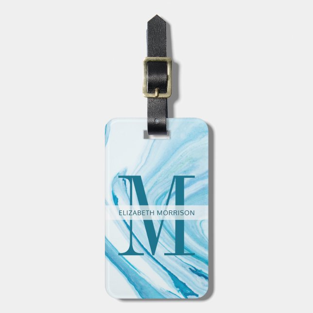 Blue Marble Monogram Luggage Tag (Front Vertical)