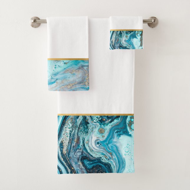 BLUE MARBLE OCEAN SWIRL BATHROOM TOWEL SET (Insitu)