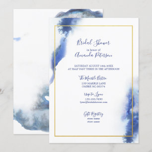 Blue Marble Ombre Gold Frame Bridal Shower Invitation