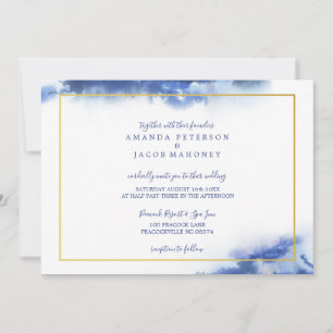 Blue Marble Ombre Gold Frame Wedding Announcement