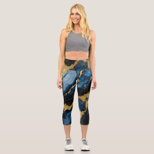 Blue Marble Pattern with Gold Capri Leggings