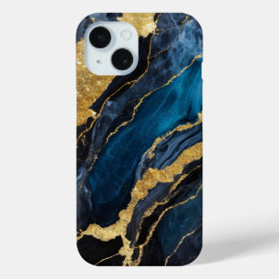 Blue Marble Pattern with Gold iPhone 15 Case