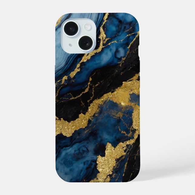 Blue Marble Pattern with Gold iPhone 15 Case (Back)