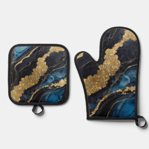 Blue Marble Pattern with Gold Oven Mitt & Pot Holder Set