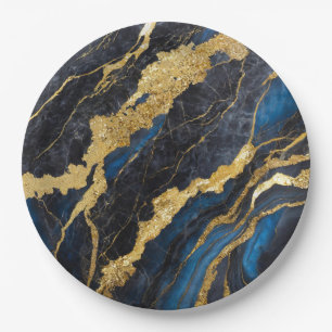 Blue Marble Pattern with Gold Paper Plate