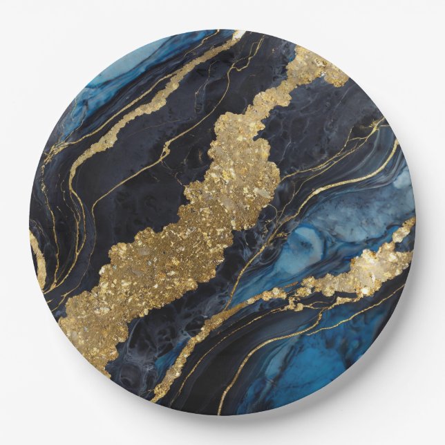 Blue Marble Pattern with Gold Paper Plate (Front)
