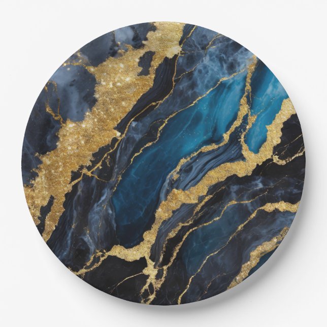 Blue Marble Pattern with Gold Paper Plate (Front)