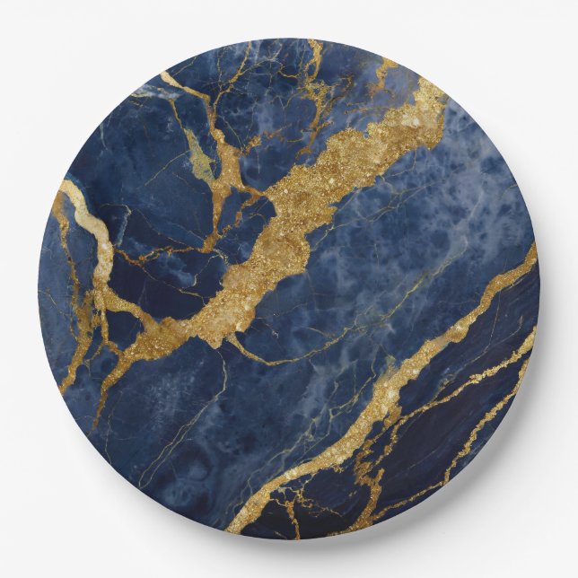 Blue Marble Pattern with Gold Paper Plate (Front)