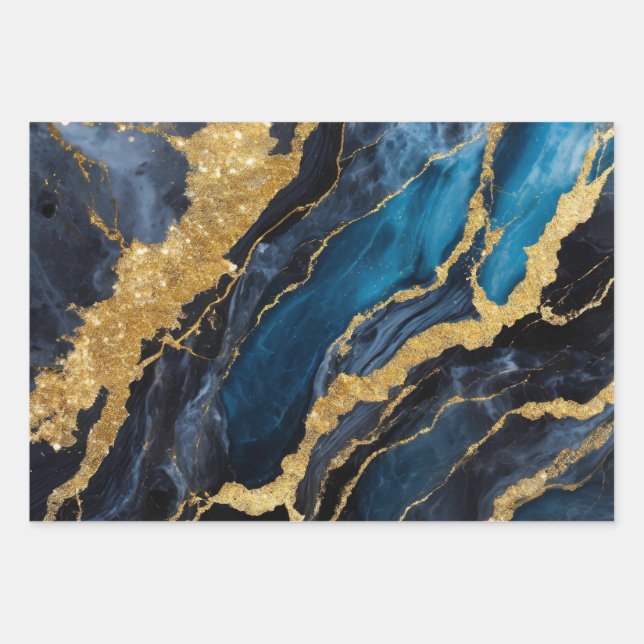 Blue Marble Pattern with Gold Wrapping Paper Sheet (Front)