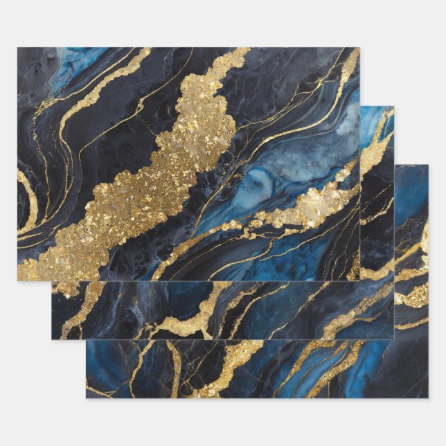 Blue Marble Pattern with Gold Wrapping Paper Sheet (Set)