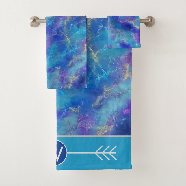 Blue Marble Pattern With Monogram  Bath Towel Set (Insitu)