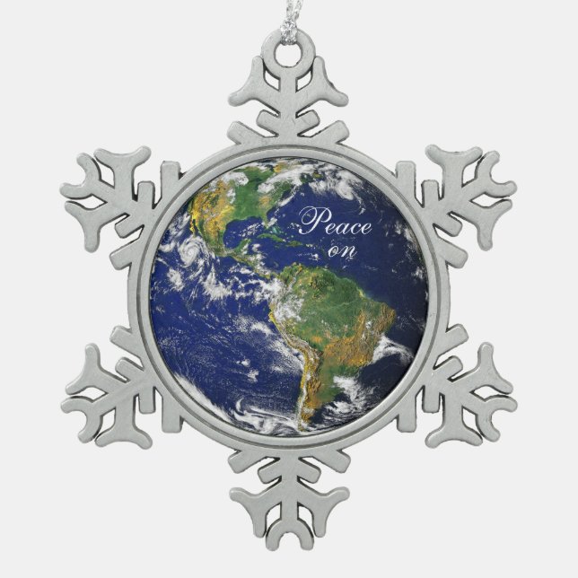 Blue Marble_Peace on Earth_Pewter snowflake Pewter Christmas Ornament (Front)