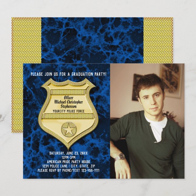 Blue Marble Photo Police Graduation Party Invitation (Front/Back)