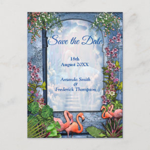 Blue Marble & Pink Flamingos Announcement Postcard