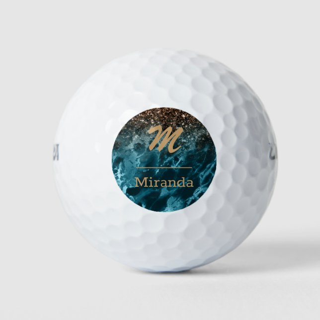 Blue Marble rose gold glitter Mongram personalised Golf Balls (Front)