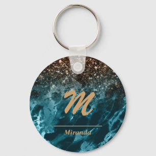 Blue Marble rose gold glitter Mongram personalised Key Ring