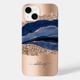 Blue Marble Rose Gold Glitter Name Case-Mate iPhone 14 Case